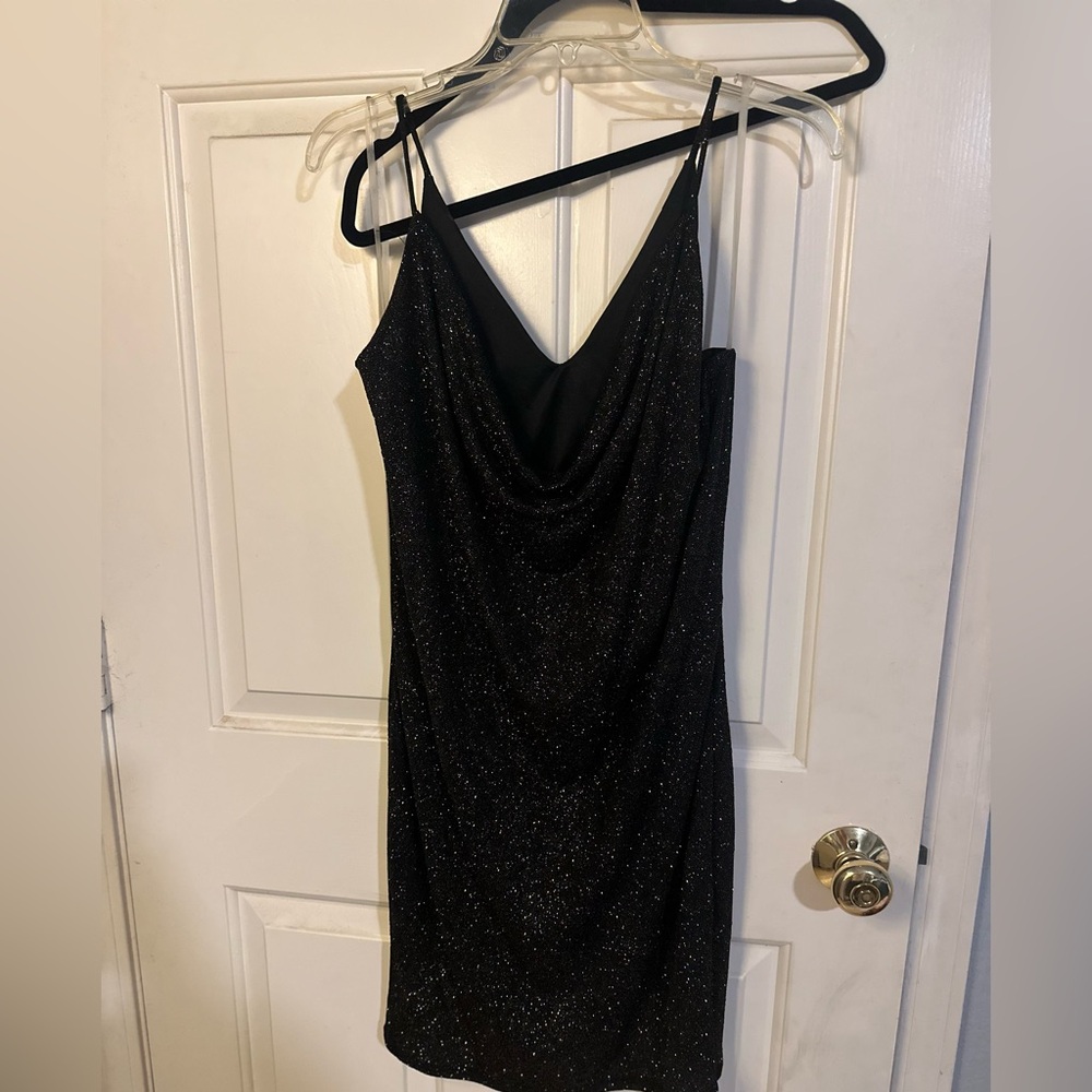 Sparkle Cowl Neck Mini Dress in Black